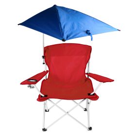 Foldable Beach Chair with Detachable Umbrella Armrest Adjustable Canopy Stool with Cup Holder Carry Bag for Camping Poolside Travel Picnic Lawn Chair (Color: Red)